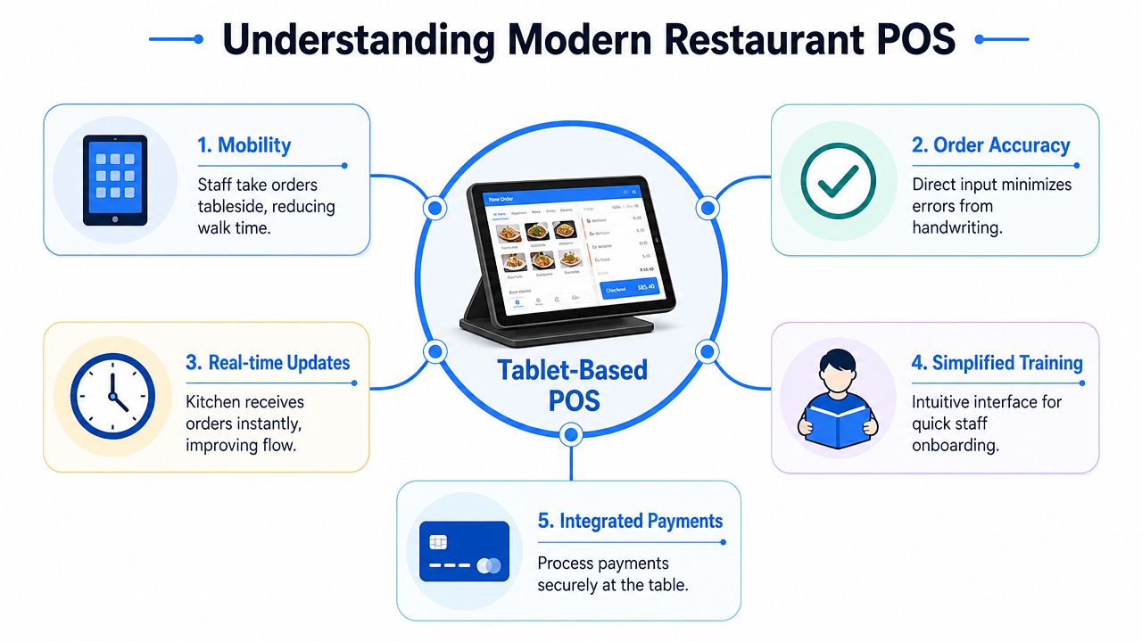 An infographic illustrating five key benefits of using a tablet-based point of sale system in restaurants.