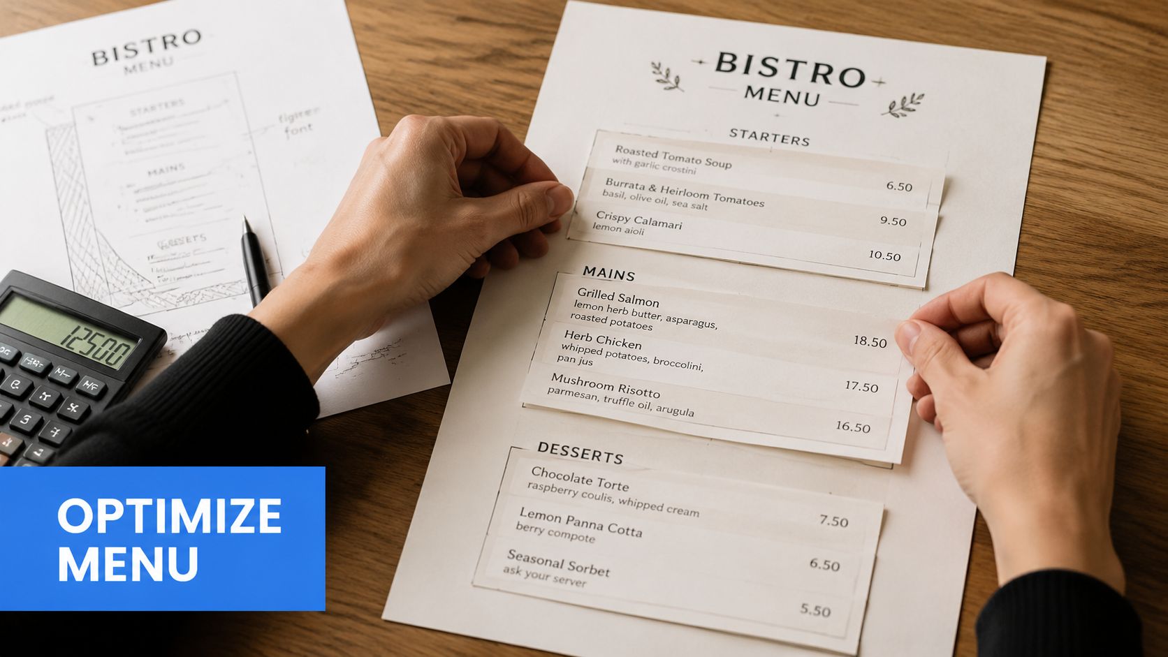 A person organizing a bistro menu with various starter, main, and dessert dish prices on a table.