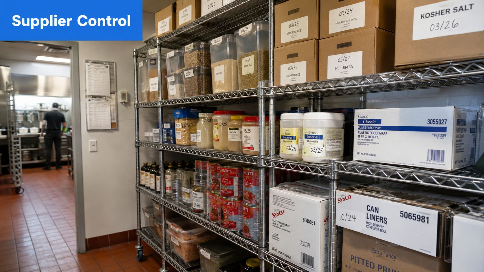 A commercial kitchen storage rack filled with labeled dry goods, supplies, and bulk pantry items.