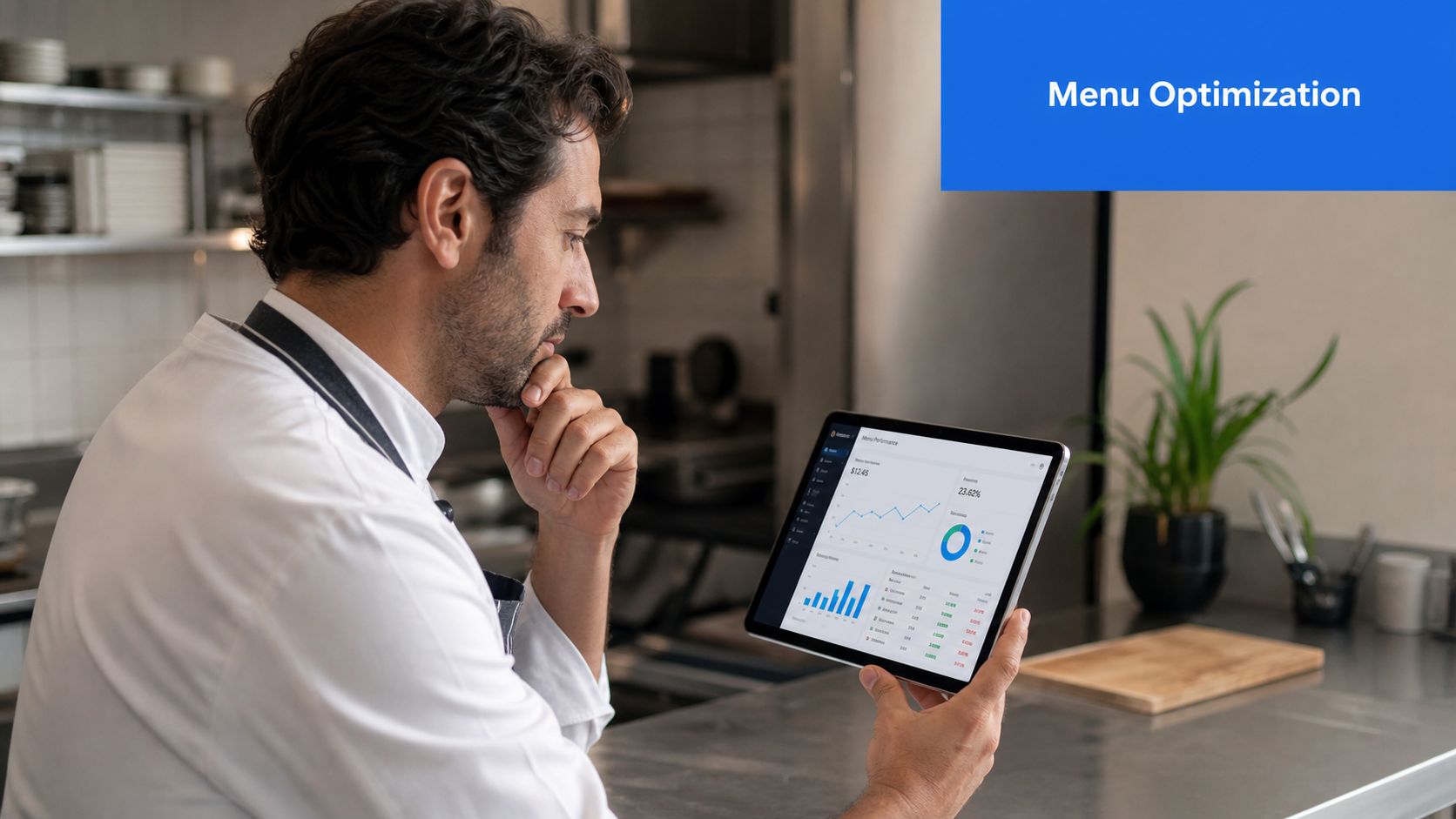 A chef in a kitchen examining a tablet displaying menu performance analytics data and charts.