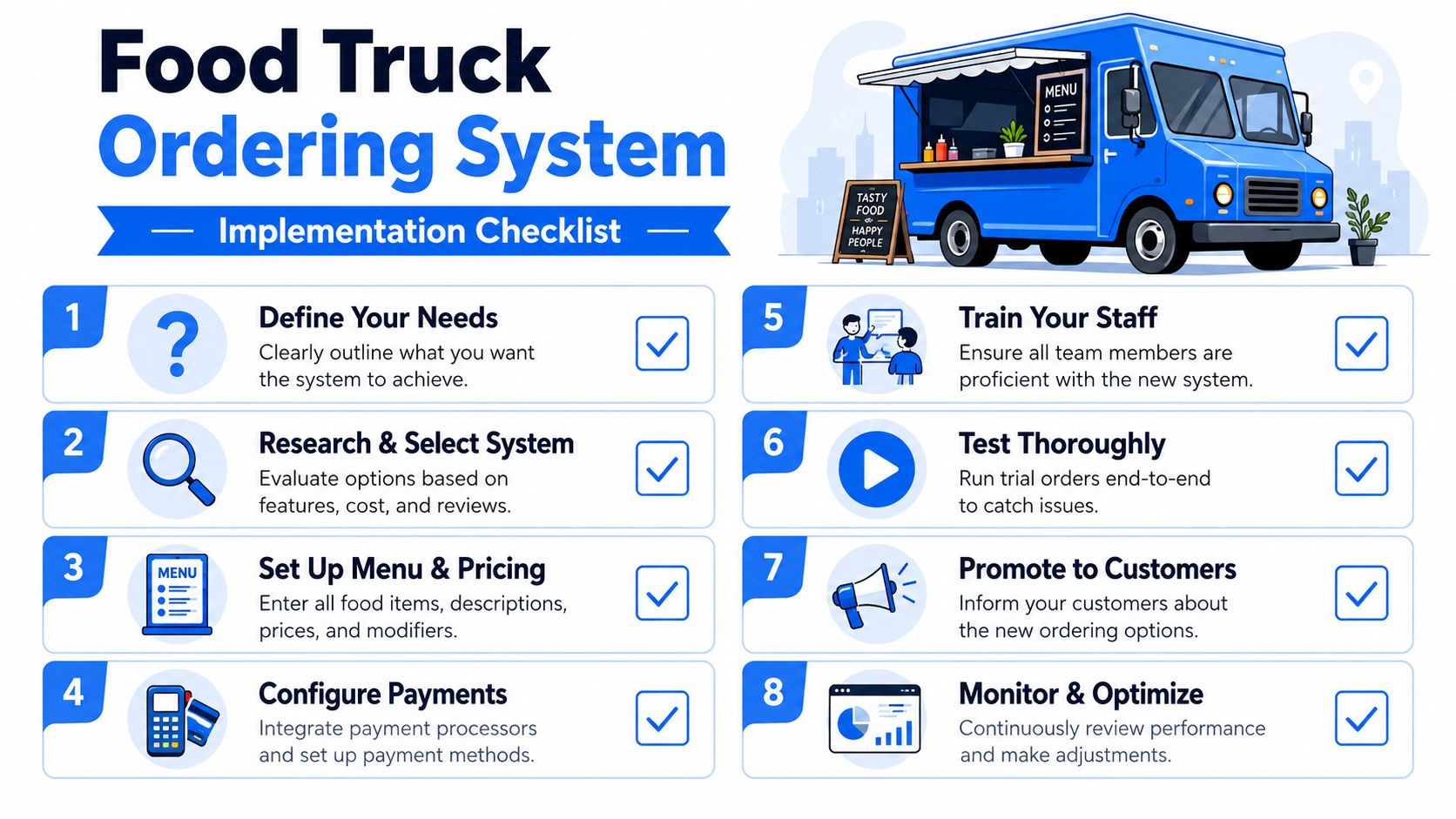 An infographic checklist for implementing a food truck ordering system featuring eight numbered steps with icons.