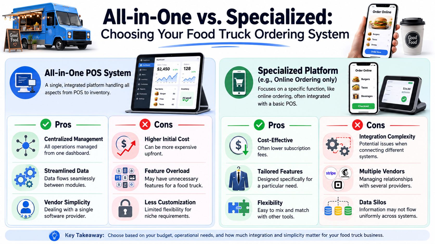 An infographic comparing All-in-One POS systems versus specialized ordering platforms for food truck business owners.