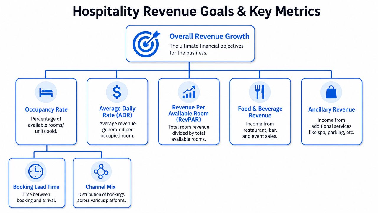 A diagram illustrating the core hierarchy of hospitality revenue goals and key performance indicators.