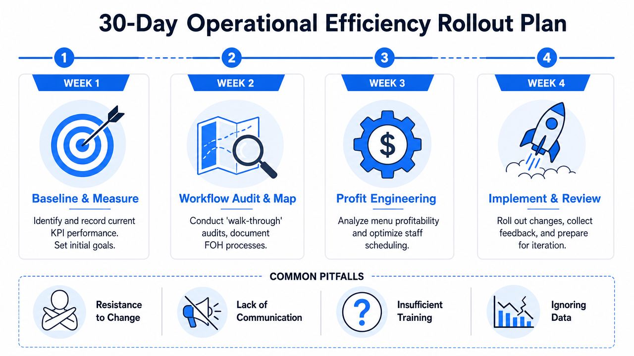 A 30-day operational efficiency rollout plan broken down into four weekly phases with common pitfalls listed below.