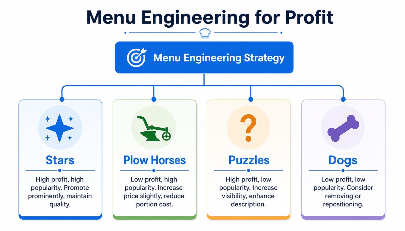A diagram explaining the four categories of menu engineering for maximizing restaurant profitability and performance.