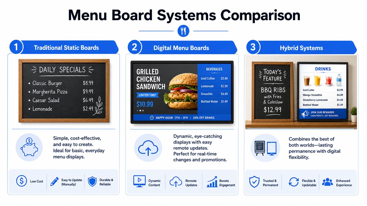 A comparison infographic featuring traditional chalkboard, digital screen, and hybrid menu board systems for restaurants.