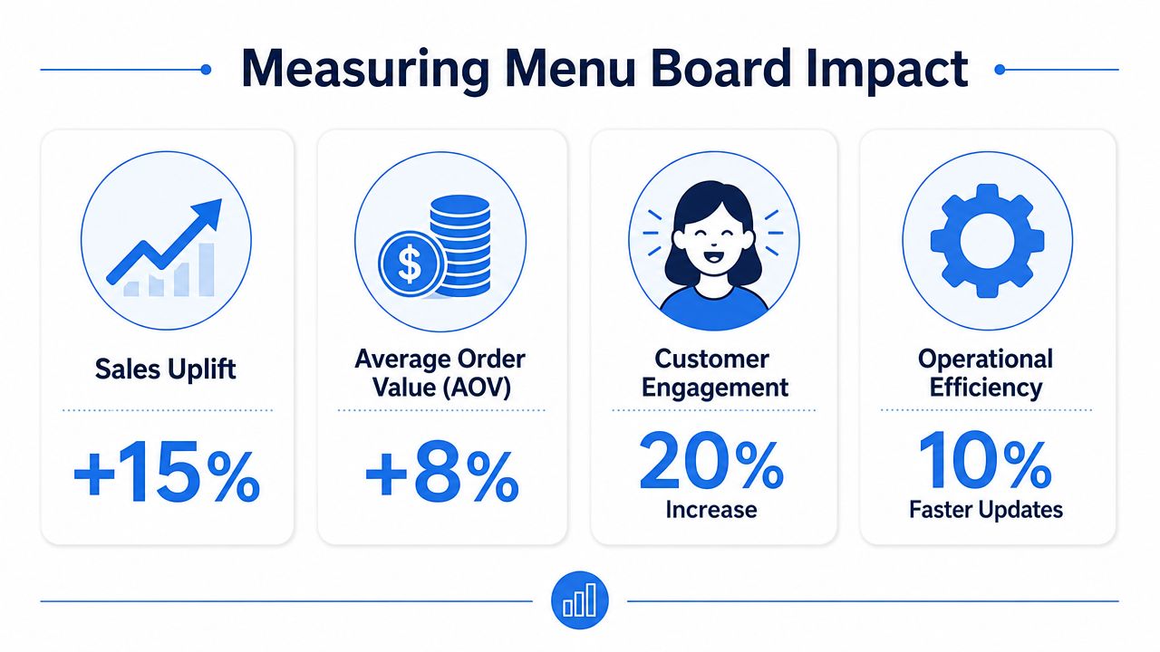 An infographic displaying the positive business impacts of digital menu boards, including increased sales, higher order values, engagement, and efficiency.