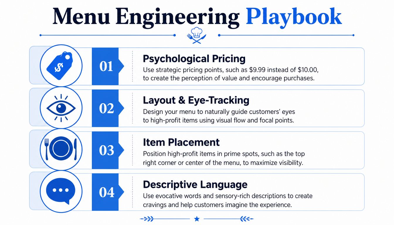 An infographic titled Menu Engineering Playbook, outlining four strategies to optimize restaurant menu sales and profitability.