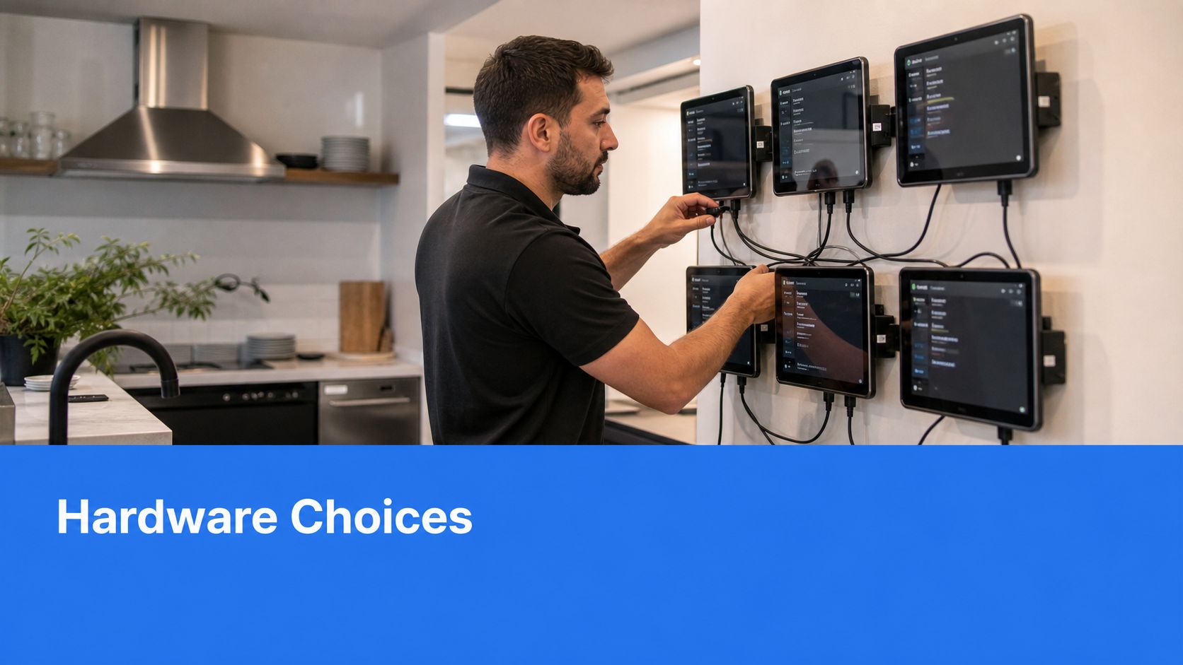 A technician installs wall-mounted tablets for a digital menu board system in a modern commercial kitchen.