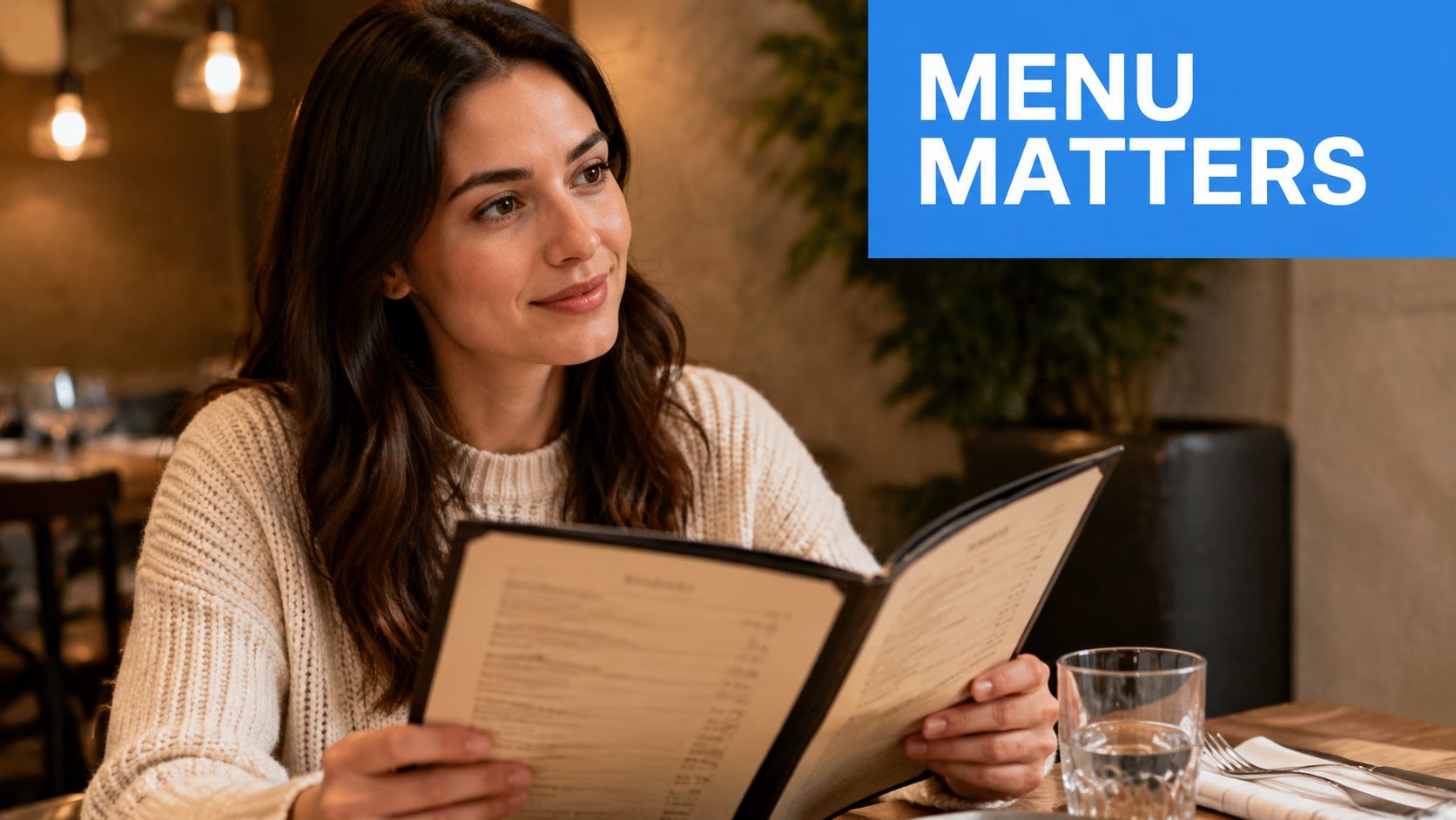 A woman holding a restaurant menu while sitting at a wooden table in a dimly lit cafe.