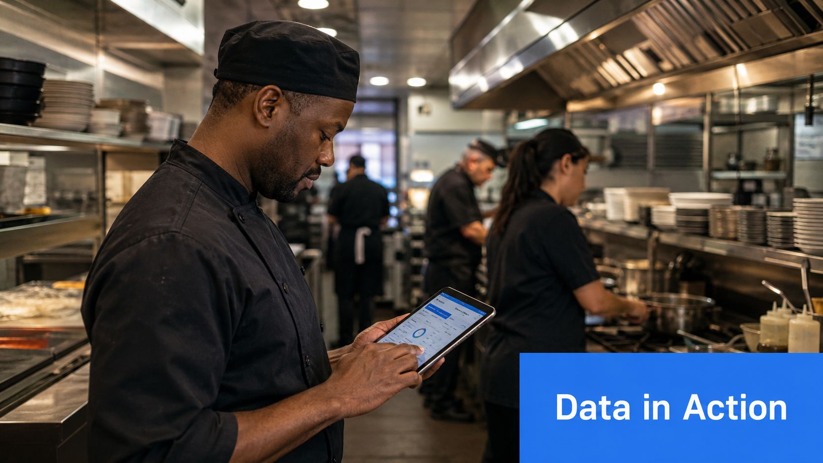 A professional chef using a tablet in a busy commercial restaurant kitchen to view data.