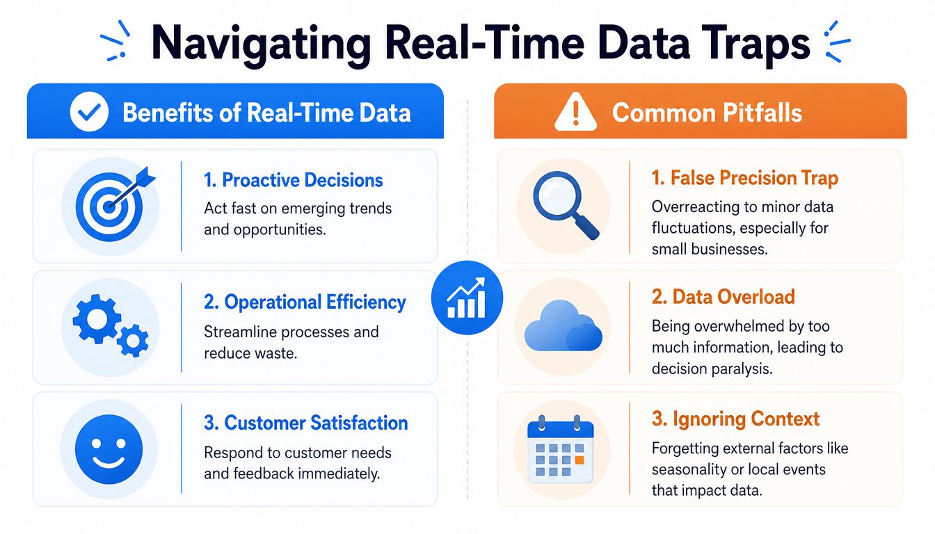 A visual guide summarizing the key benefits and common pitfalls of using real-time data for business decisions.