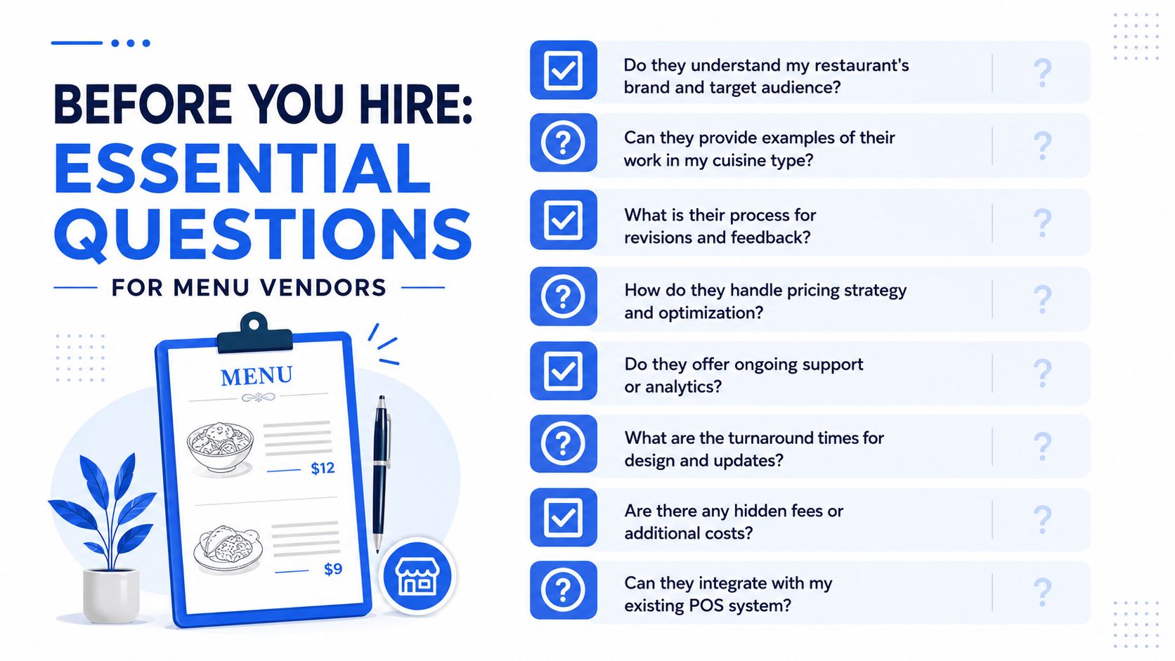 An infographic titled Before You Hire listing eight essential questions to ask potential restaurant menu design vendors.