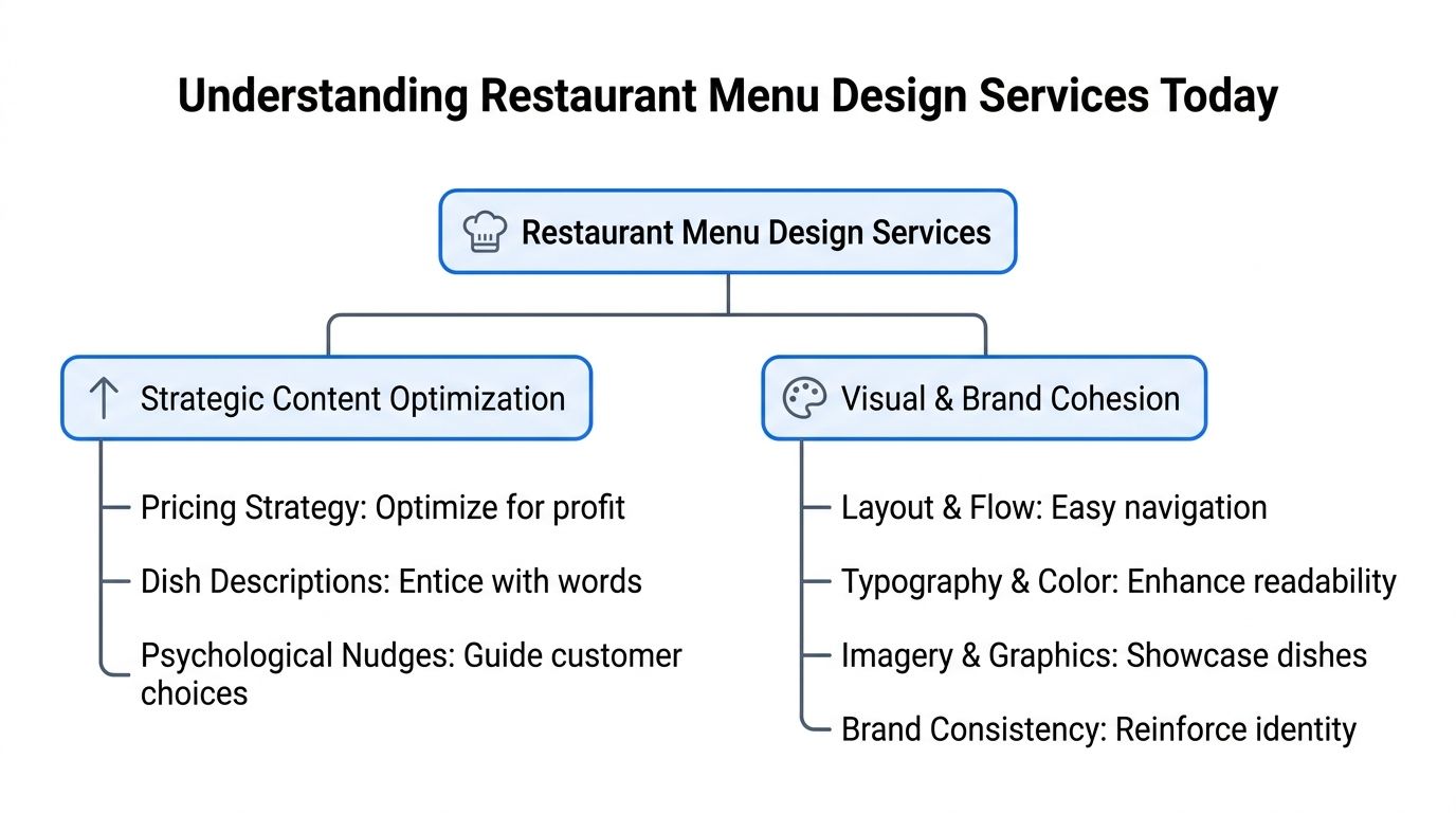 A diagram outlining key components of professional restaurant menu design services, including content strategy and visual branding.