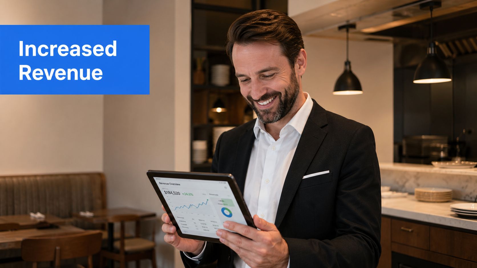 A smiling businessman in a suit uses a tablet to review financial metrics in a restaurant setting.