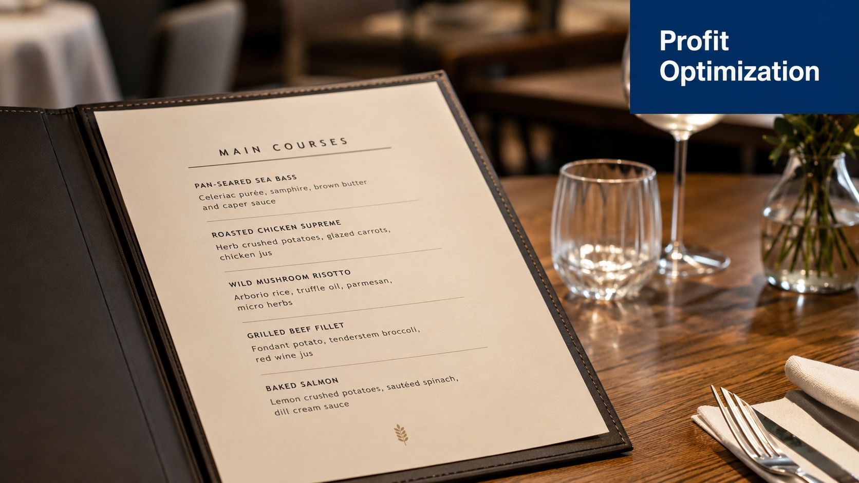 A close-up of a high-end restaurant main course menu resting on a wooden dining table.