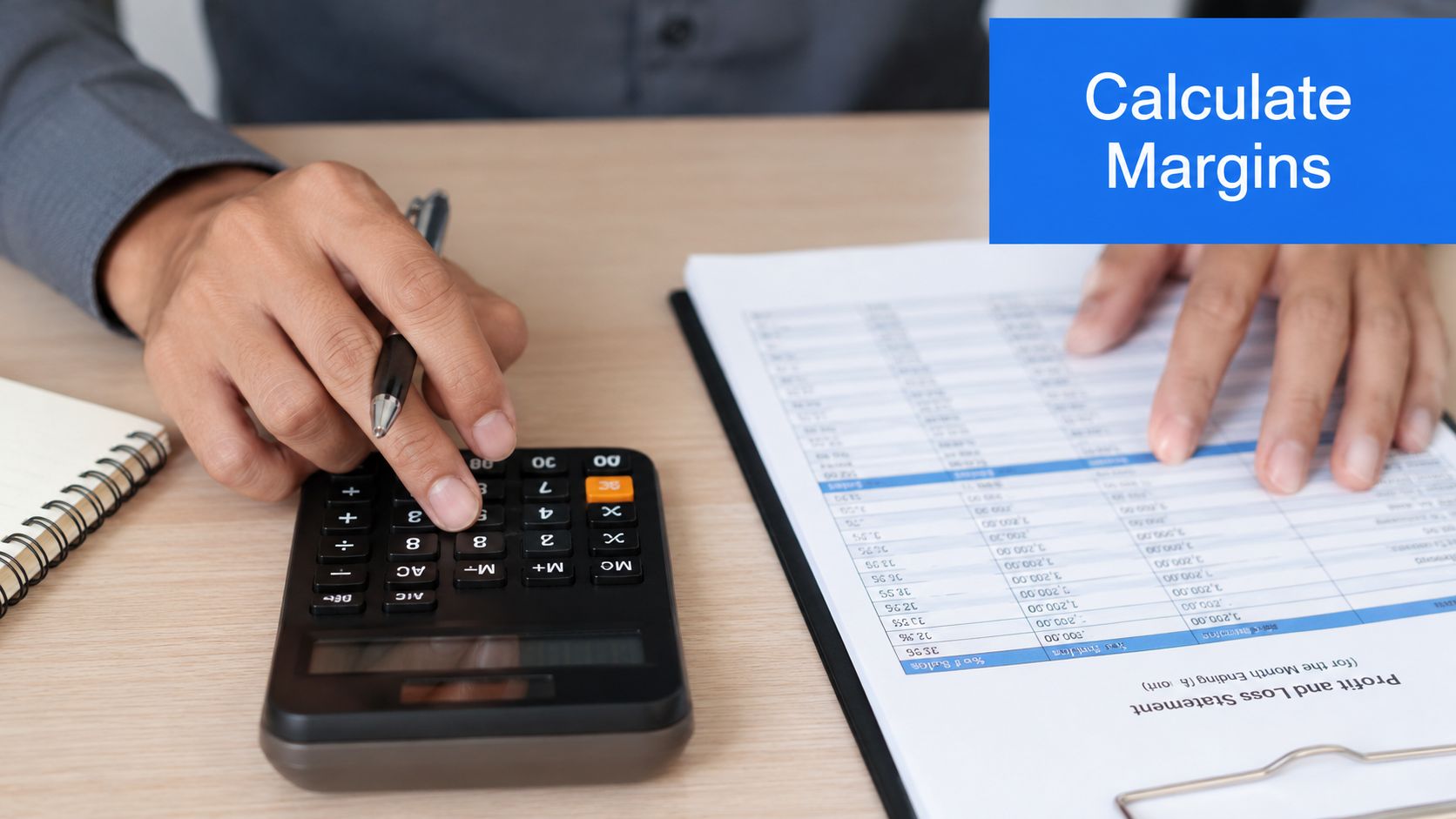 A professional analyzing a profit and loss statement with a calculator at a wooden office desk.