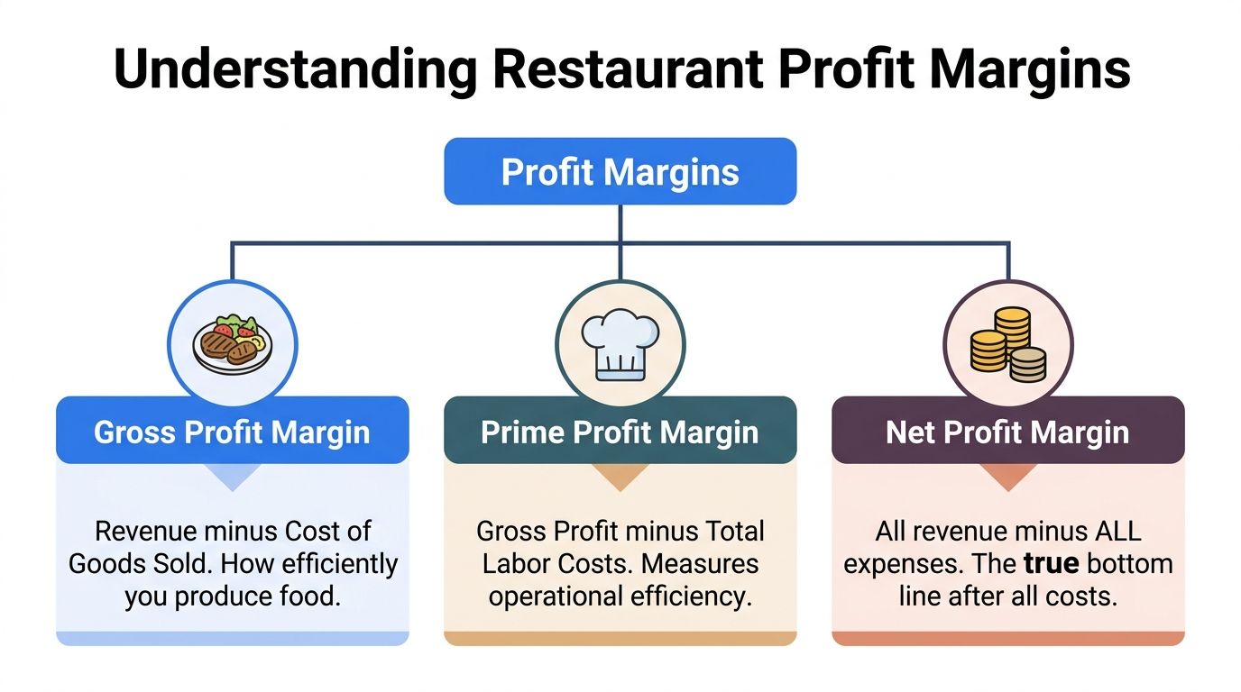 A diagram explaining the three types of restaurant profit margins: gross, prime, and net profit margins.