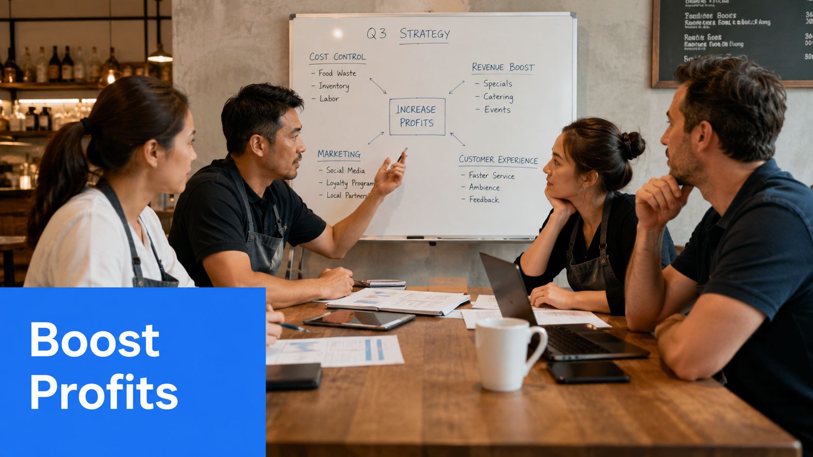A team of four restaurant staff members brainstorm strategies to increase profits around a wooden table.